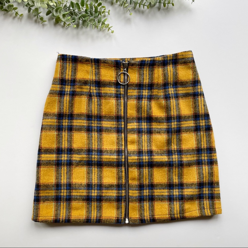 Yellow Plaid Front Zip Up Skirt